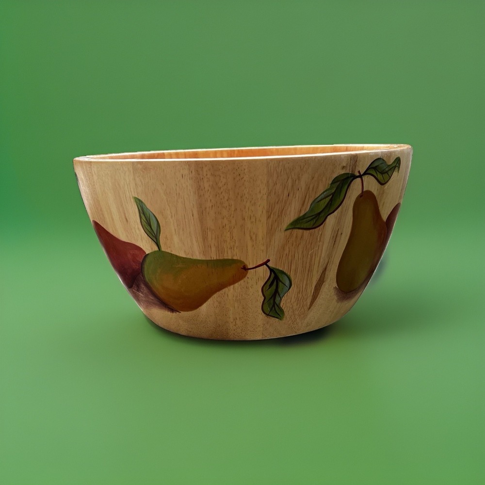 Clay Art Painted Wood Serving Bowl Round Fruit Pear Design M-2004-CLY-ART 12in
